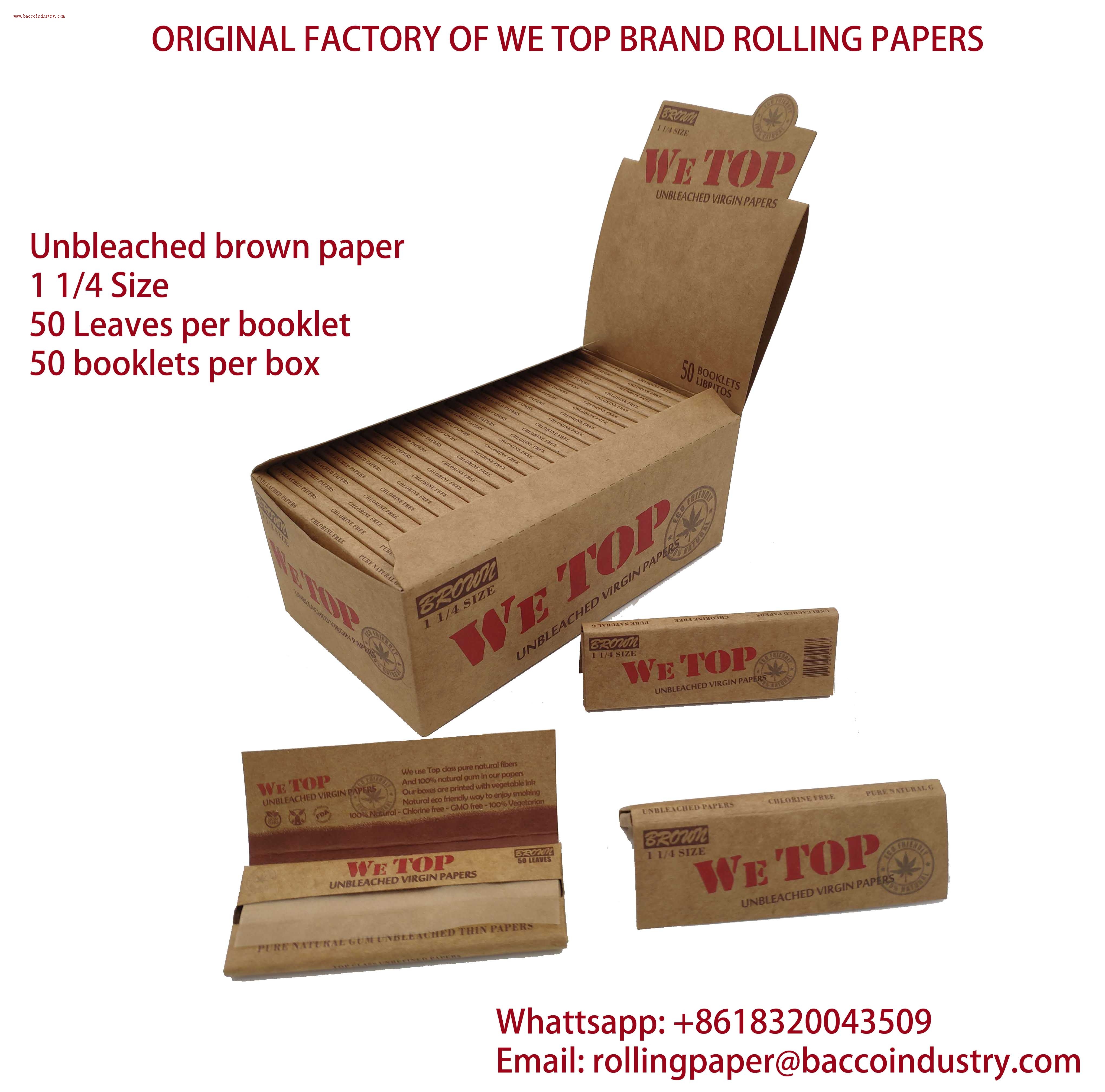WE TOP unbleached brown rolling papers 1 1/4 size, 50 leaves per booklet, 50 booklets per box.